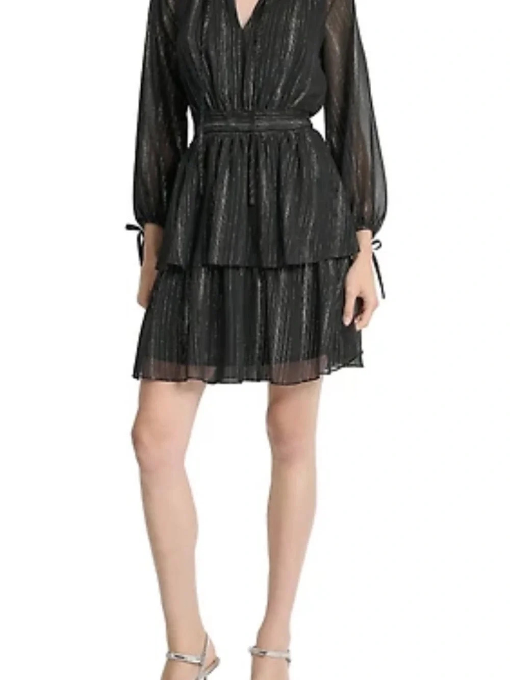 DKNY Donna Karan Metallic Stripe Chiffon Keyhole Tiered Fit Flare Dress NWT 8
